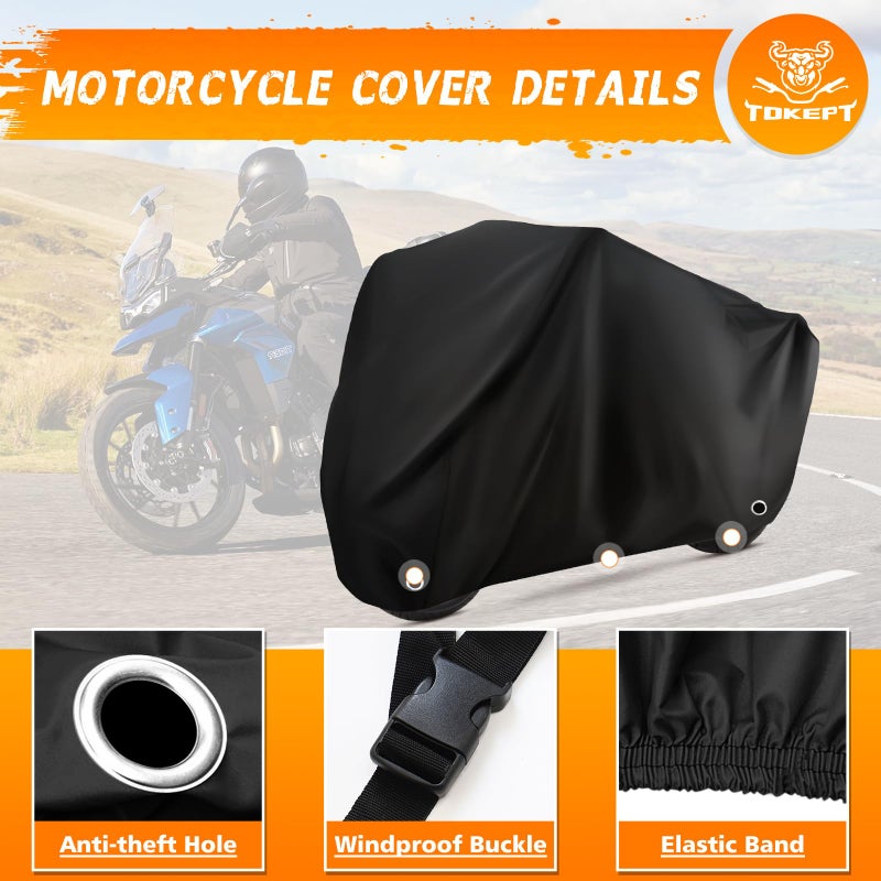 Tokept Motorcycle Cover Waterproof Sun with Lock-Holes & Storage Bag Heavy Duty Material, Fits up to 96"" Harley Davison and All Motors (XL Black) - Image 3